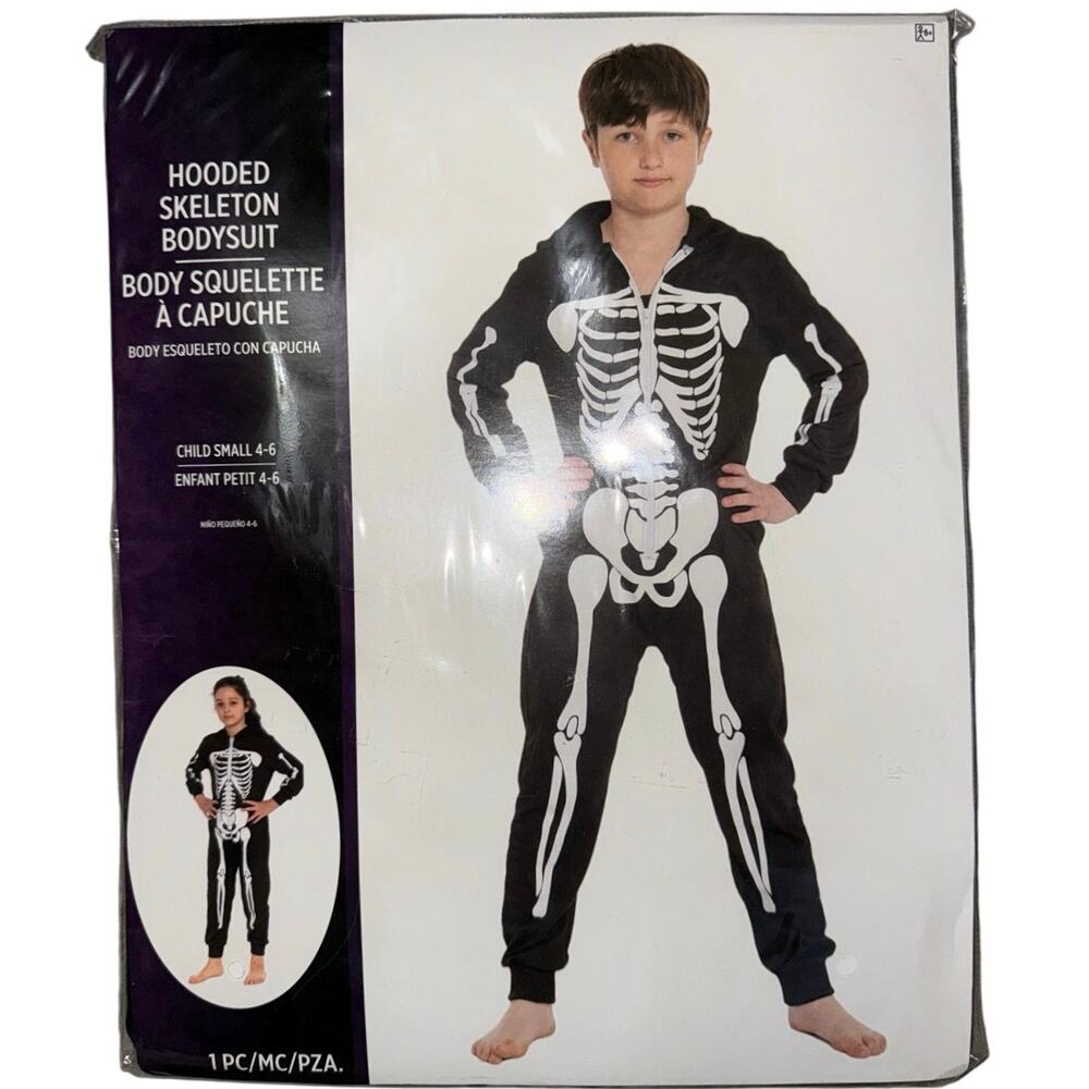 New Hooded Skeleton Bodysuit Costume Halloween Party Cosplay Child small 4-6